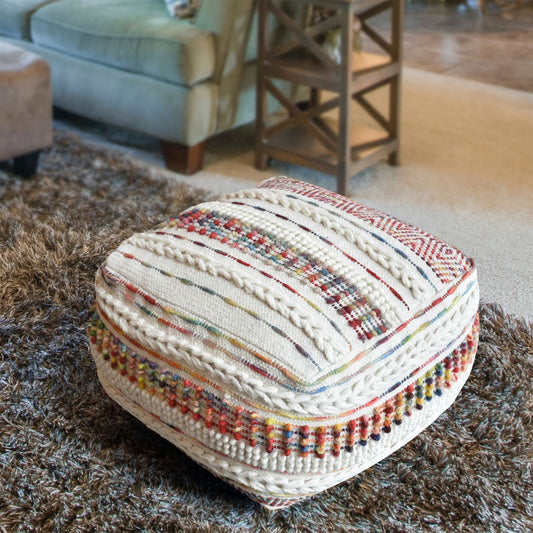 Ascobar Pouf, Wool, Natural White, Blue, Pitloom, All Loop