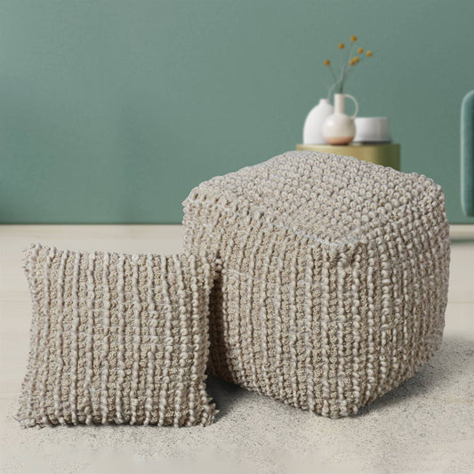 Avers Pouf, 40x40x40 cm, Natural White, Wool, Hand Woven, Pitloom, All Loop