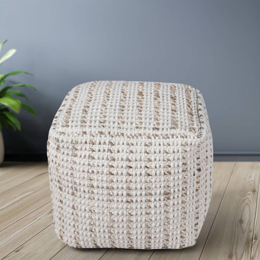 Brenda Pouf, 40x40x40 cm, Natural, Natural White, Wool, Jute, Hand Woven, Pitloom, Flat Weave