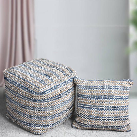 Davlin Pouf, 40x40x40 cm, Natural, Blue, Wool, Jute, Denim, Hand Woven, Pitloom, Flat Weave