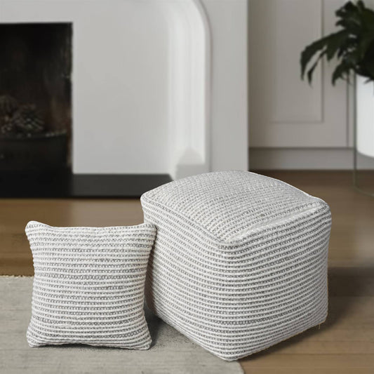 Derbent Pouf, 40x40x40 cm, Natural White, Grey, Wool, Hand Woven, Pitloom, Flat Weave