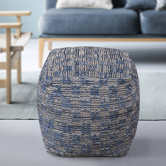 Drexel-II Pouf, 40x40x40 cm, Blue, Denim, Cotton, Hand Woven, Pitloom, Flat Weave