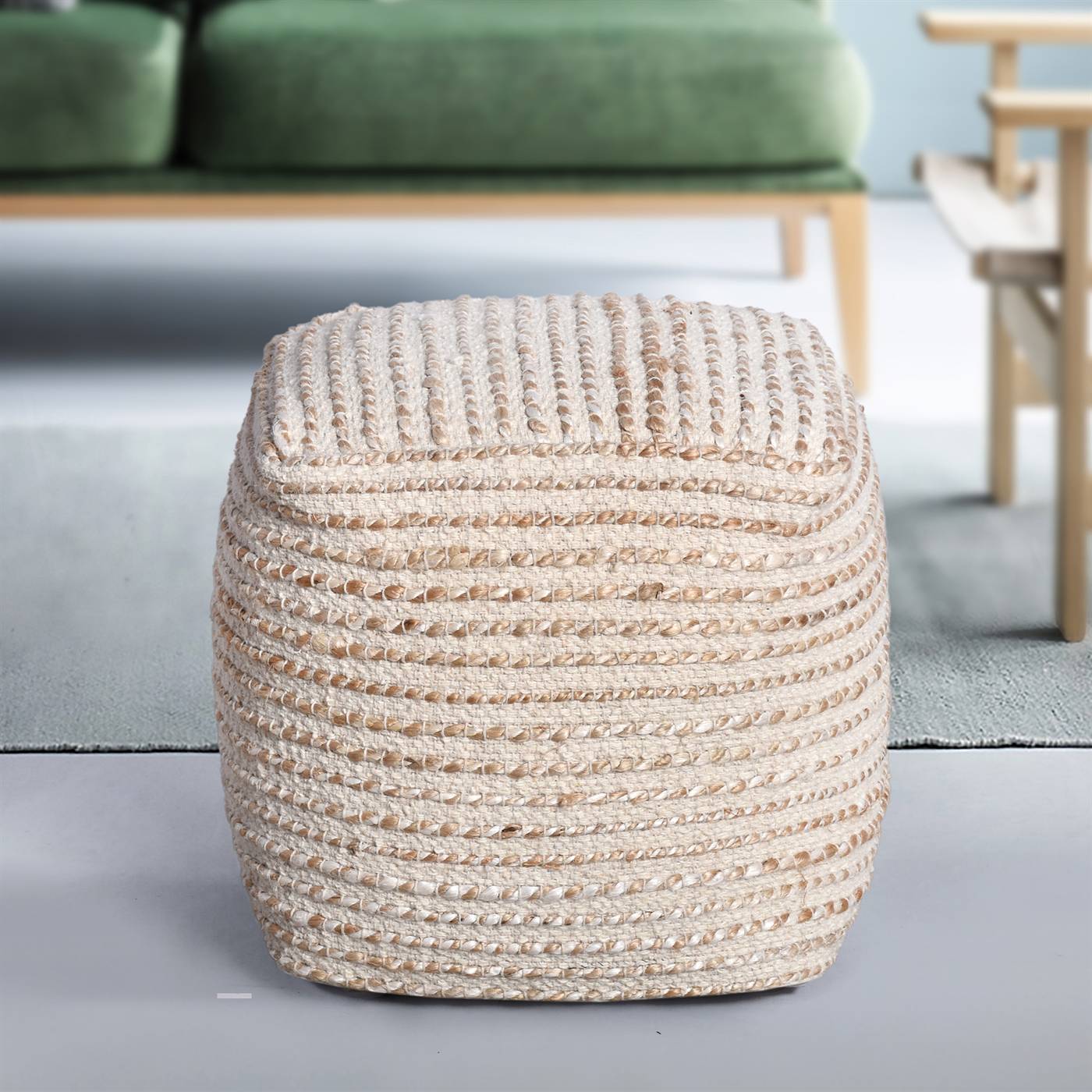 Dulovo Pouf, 40x40x40 cm, Natural, Natural White, Jute, Wool, Hand Woven, Pitloom, Flat Weave