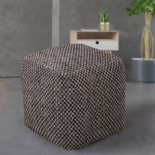 Edmunds-II Pouf, 40x40x40 cm, Charcoal, Wool, Hand Woven, Handwoven, Flat Weave