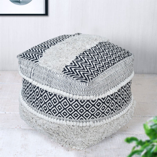 Ekali Pouf, Cotton, Natural White,  Charcoal, HANDWOVEN / ALL CUT