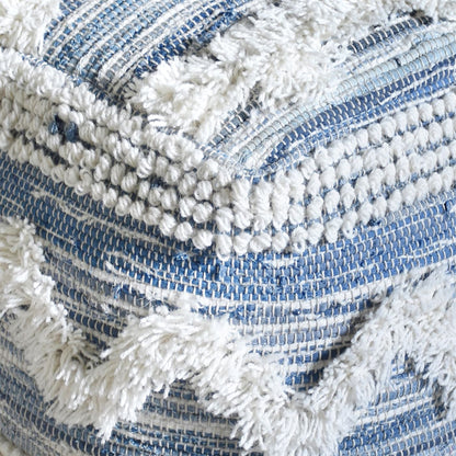 Elkins Pouf, Wool, Recycled Denim, Blue, Natural White, Pitloom, Cut And Loop