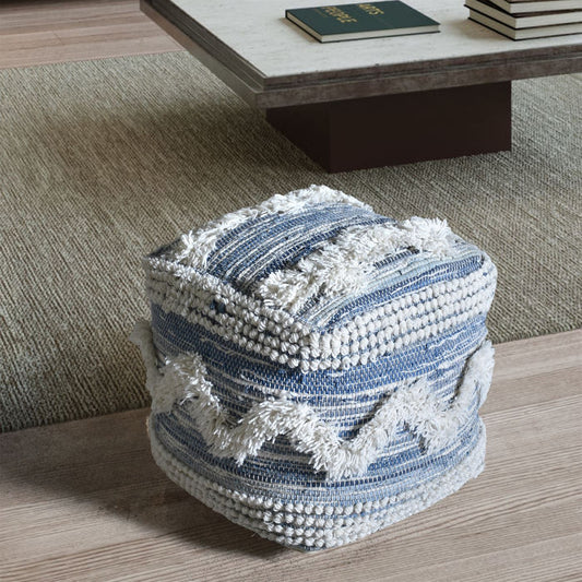 Elkins Pouf, Wool, Recycled Denim, Blue, Natural White, Pitloom, Cut And Loop