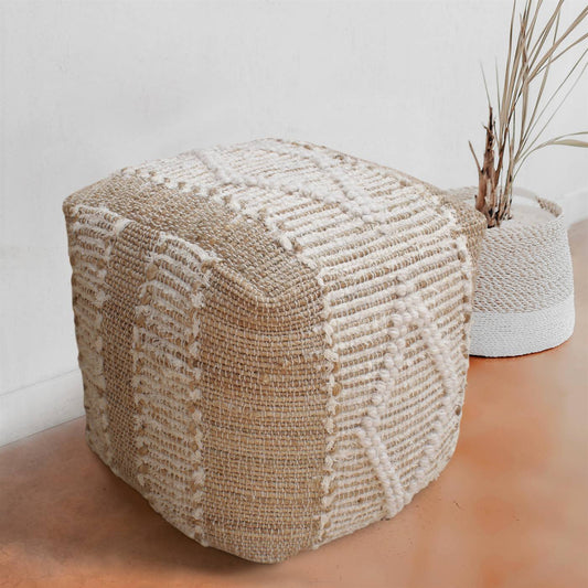 Golem Pouf, 40x40x40 cm, Natural White, Natural, Jute, Cotton Salvage, Wool, Hand Woven, Pitloom, All Loop