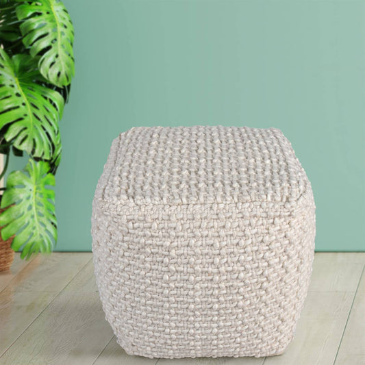 Govalle Pouf, 40x40x40 cm, Natural White, Wool, Hand Woven, Pitloom, Flat Weave