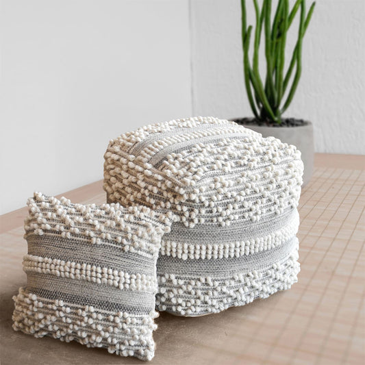 Henty-II Pouf, Wool, Natural White, Grey, Pitloom, All Loop