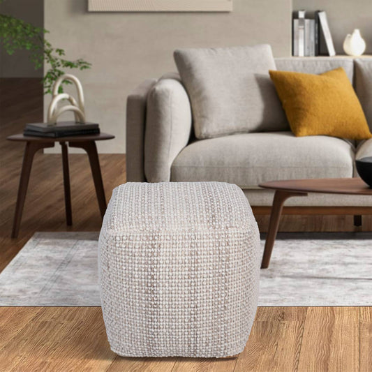 Highland Pouf, 40x40x40 cm, Natural White, Wool, Hand Woven, Handwoven, All Loop