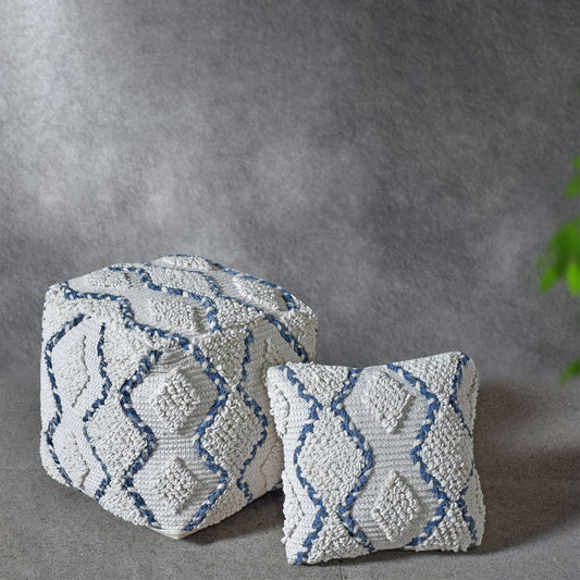 Istra Pouf, Cotton, Denim, Wool, Natural White, Blue, Pitloom, All Loop