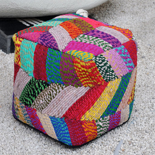 Jodhpuri Pouf, Recycled Fabric, Multi, HM STITCHING / FLAT WEAVE