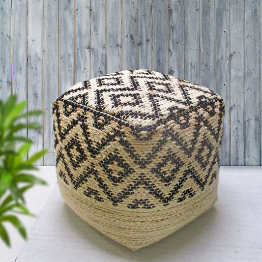 Kadoma Pouf, Wool, Hemp, Natural White, Charcoal, Pitloom, Flat Weave 