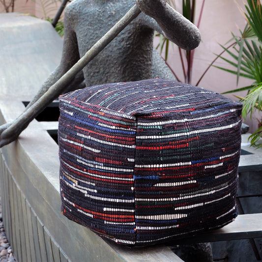 Kasas Pouf, Recycled Leather, Multi, PUNJA / FLAT WEAVE 