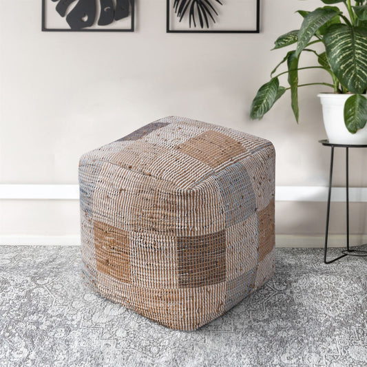 Keller Pouf, Leather, Beige, Multi, Pitloom, Flat Weave 