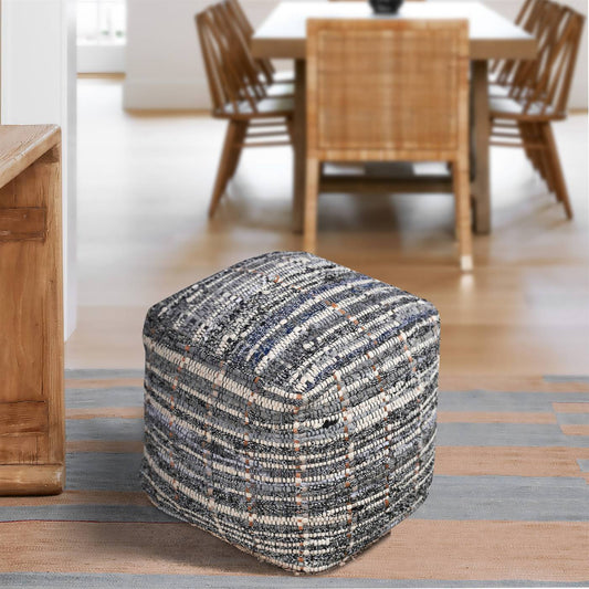 Kherson Pouf, 40x40x40 cm, Natural White, Blue, Charcoal, Cotton, Recycled Fabric, Hand Woven, Pitloom, Flat Weave