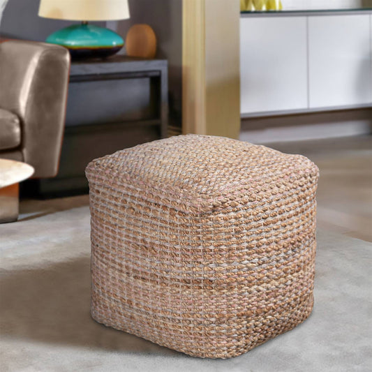 Kihnu Pouf, 40x40x40 cm, Natural, Multi, Jute, Wool Polyester Blend, Hand Woven, Pitloom, Flat Weave