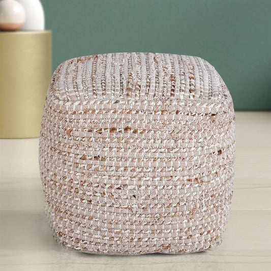 Koenig Pouf, 40x40x40 cm, Natural Natural White, Multi, Jute, Cotton, Hand Woven, Pitloom, Flat Weave