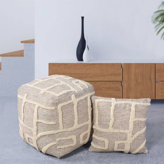 Maruia Pouf, 40x40x40 cm, Grey, Natural White, Wool, Circular Knitting, Circular Knitting, All Loop