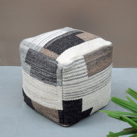 Mazzer Pouf, Wool, Cotton, Natural White, Natural, Pitloom, Flat Weave 