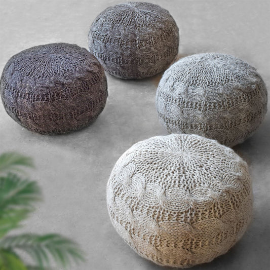 Oslo Round Pouf, Wool, Charcoal, Hm Knitted, Flat Weave 