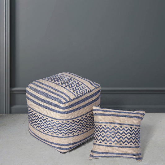 Pazar Pouf, Polypropylene, Beige,Navy, Pitloom, Flat Weave 