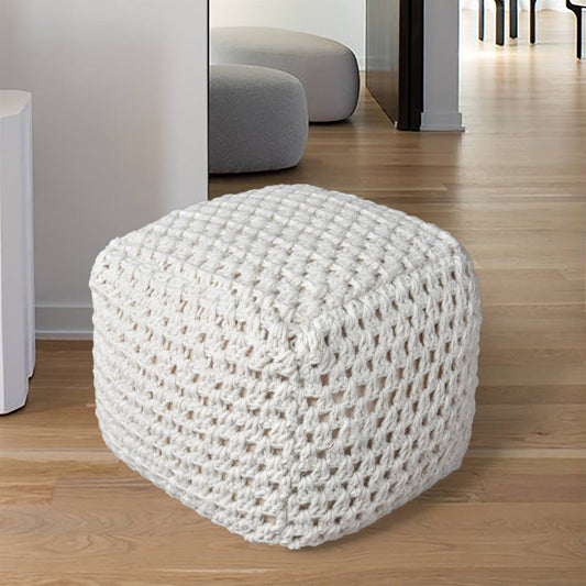 Talcott Pouf, 40x40x40 cm, Natural White, Wool, Hand Knitted, Hm Knitted, Flat Weave