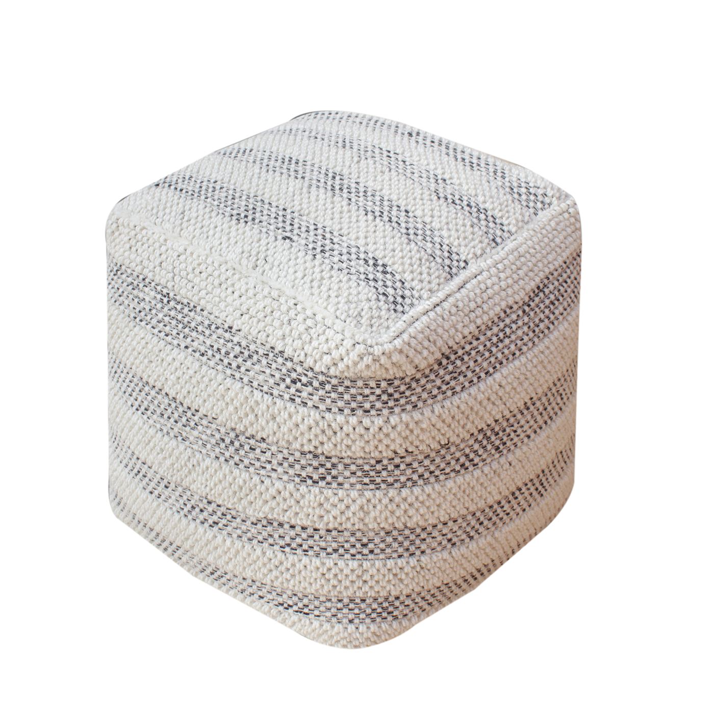 Teijo Pouf, Wool/ Cotton, Natural White/ Charcoal, Hand woven, All Loop 