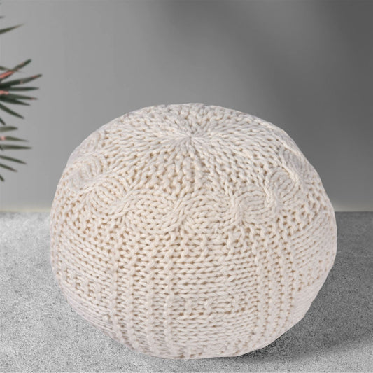 Viso Pouf, Nz Wool, Natural White, Hm Knitted, Flat Weave 