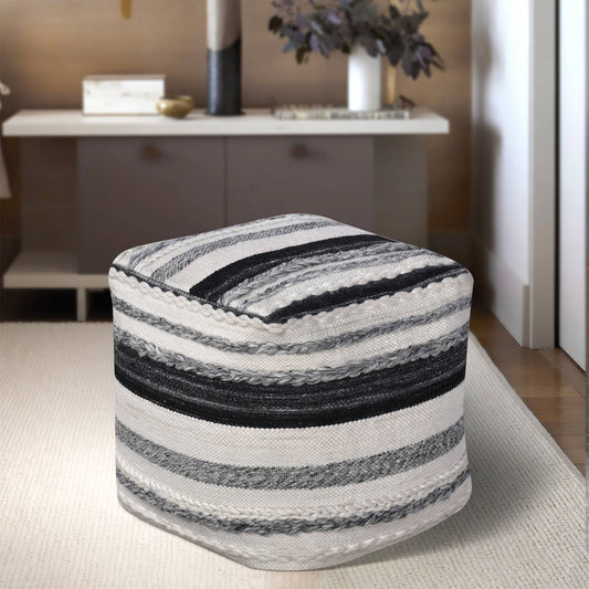 Willis Pouf, 40x40x40 cm, Natural White, Grey, PET, Hand Woven, Pitloom, Flat Weave